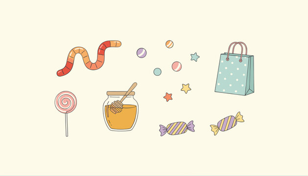 Cute collection of colorful hand-drawn candy and sweet treat illustrations including gummy worms, lollipops, and honey.