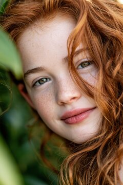 Freckled red-haired girl with loose curls poses outdoors in a lush garden, leaning slightly toward the camera with a gentle half-smile and natural light illuminating her features