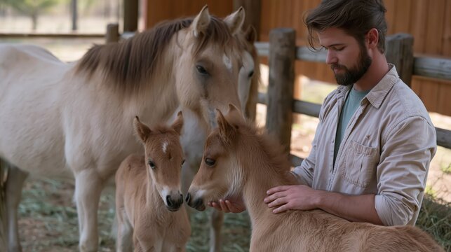 Man gently touching a young foal with a mare and another foal in a stable during soft daylight