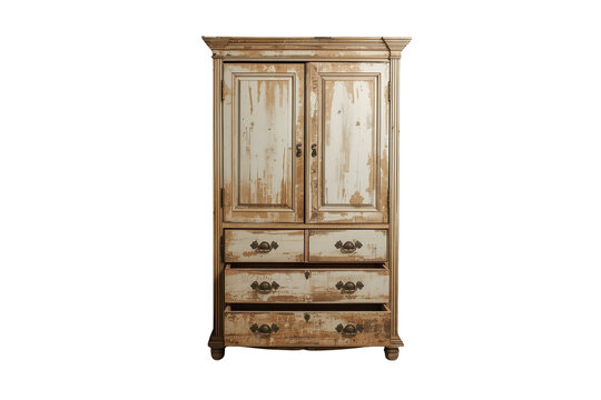 Distressed vintage wooden wardrobe with drawers