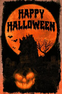Vintage Halloween poster featuring a glowing orange full moon, crooked haunted house, bats, bare tree, cemetery silhouettes, and a sinister jack o lantern in the foreground