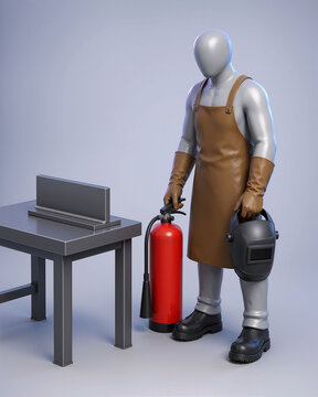Welder on fire watch after hot work with fire extinguisher