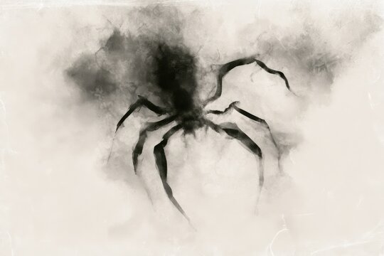 Abstract monochrome illustration of a large spider emerging through smoky gray haze with elongated legs fading into soft charcoal shadows and blurred organic contours