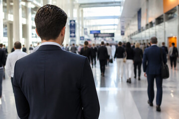 Fototapeta premium A man in a dark suit stands facing a busy, modern indoor space filled with many people walking.