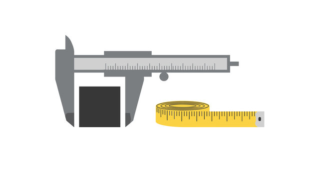 Vector illustration of precision measuring tools showing a vernier caliper and a yellow tape measure tool.