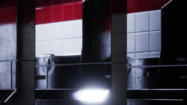 Three restroom stalls are visible, with a focus on the black divisions. Red and white tiles decorate the walls. The picture captures the space in a facility.