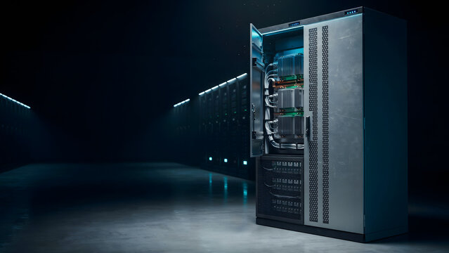 Modern server rack equipment inside a dark technical room with equipment technical datacenter computer technology networking hardware processor