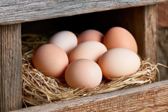 Rustic wooden nesting box filled with pale brown and cream chicken eggs resting on dry straw, positioned beside an old farmhouse wall in a backyard poultry setup