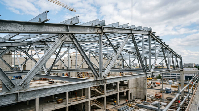 Industrial metallic roof truss structure under construction against a cloudy sky during the day