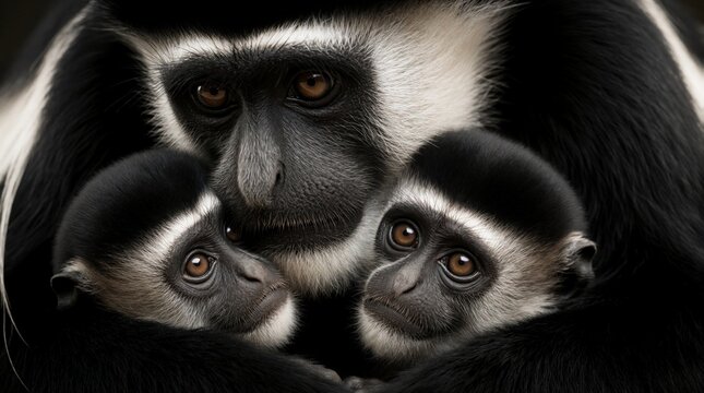 Mother monkey holds two babies close. Black and white primate family shows gentle care and strong bond. Newborn infants rest safely in mothers arms.