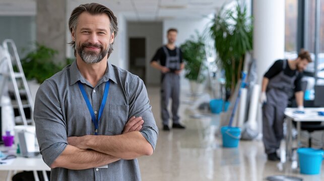 Mature male supervisor with arms crossed in office hallway overseeing cleaning crew during daytime with natural light
