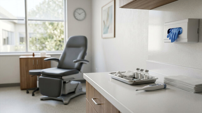 Clean medical examination room with a patient chair and modern equipment on a counter