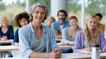 Fototapeta premium Mature woman smiling confidently in a classroom setting with diverse students learning behind her