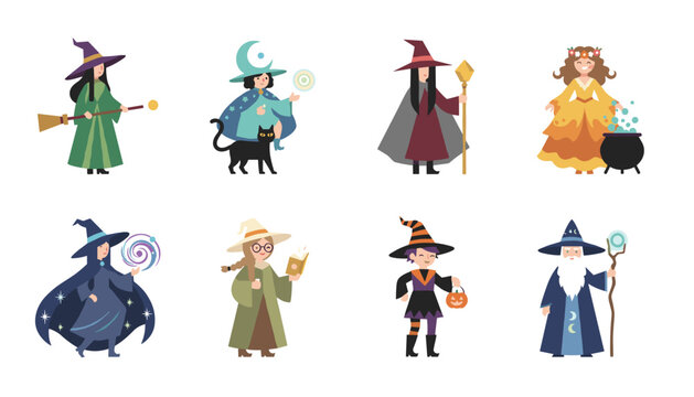 Pixel art style illustration of eight different characters including witches, wizards, and magic users on a white background.