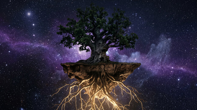 Ancient oak tree floating on a rock island in deep space with glowing roots and stars.
