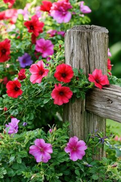 Weathered wooden garden fence adorned with vibrant red, pink, and purple petunia flowers intertwined with lush green foliage in a natural outdoor setting