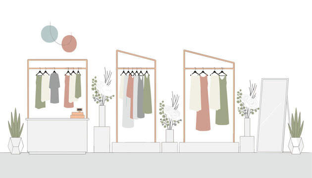 Boutique clothing store interior featuring rows of dresses on wooden racks with minimalist plants and a checkout counter in a flat graphic illustration.