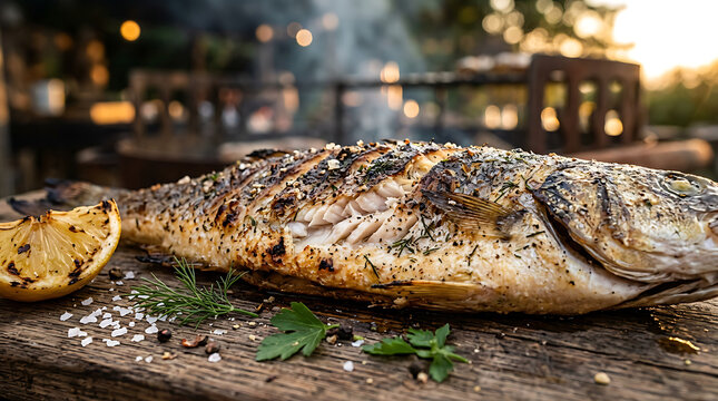 Whole grilled fish seasoned with lemon herbs and spices on a rustic wooden board barbecue delicious seasoned appetizer sunlight