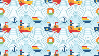 Obraz premium Cute seamless marine pattern with colorful cartoon boats, lifebuoys, and anchors on blue wavy sea backdrop.