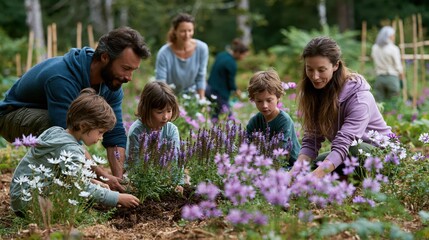 Fototapeta premium Multi-generational family gardening together in a lush natural setting during daylight