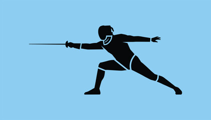Fototapeta premium Crisp black silhouette of a fencer lunging forward with a foil sword on a clear solid light blue background.