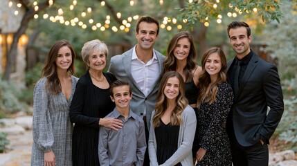 Obraz premium Multi-generational family portrait in a warm outdoor setting with bokeh lights during twilight