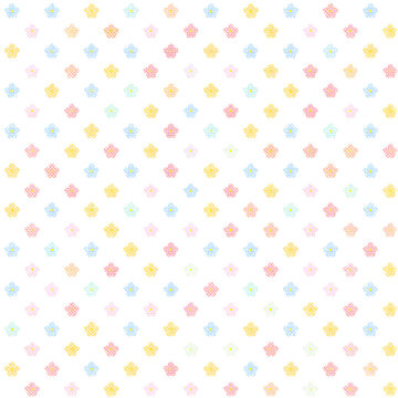 Tiny multicolored geometric blooms. Adorable continuous floral design. Basic two-dimensional vector image. Embossing.