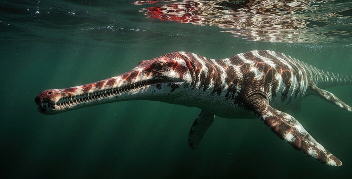 Extinct Shastasaurus reptile swims in dark ocean water. Ancient marine creature with long snout, patterned skin navigates prehistoric sea. Underwater prehistoric animal illustration for educational