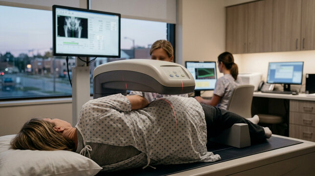 Patient undergoing bone density scan in a modern medical clinic with staff observing