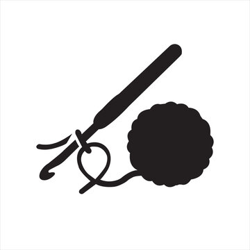Black silhouette of a crochet hook and a ball of yarn, flat symbol for knitting, needlework, and textile crafts on white background