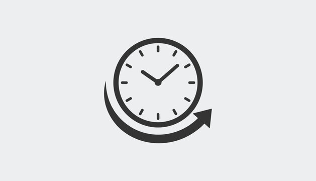 Clock icon with an arrow wrapping around representing service around the clock, time management, or continuous operation.