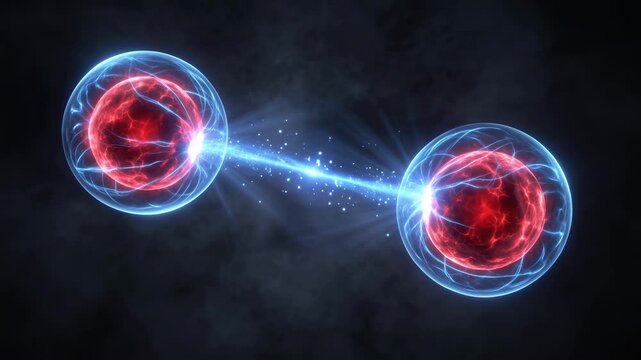 Slow motion footage of two glowing quantum plasma spheres connected by an electrical laser beam representing particle physics entanglement on dark background.