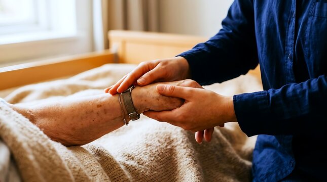 Elderly person's wrist held by younger person's hand in soft light hand holding care