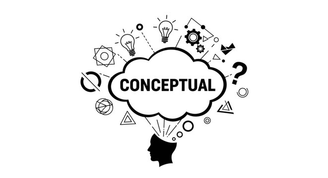 Black and white line art vector illustration of a human head silhouette with a thought cloud containing lightbulbs, gears, and the word conceptual.