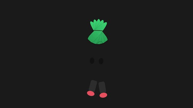 Minimalist animated characters with green leafy toppers walking across a dark background with headpieces walking rhythmically rhythmically against solid