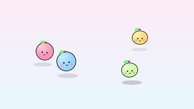 Floating colorful cartoon fruit characters with smiling faces drifting across soft gradient pastel background with light colored gradient background