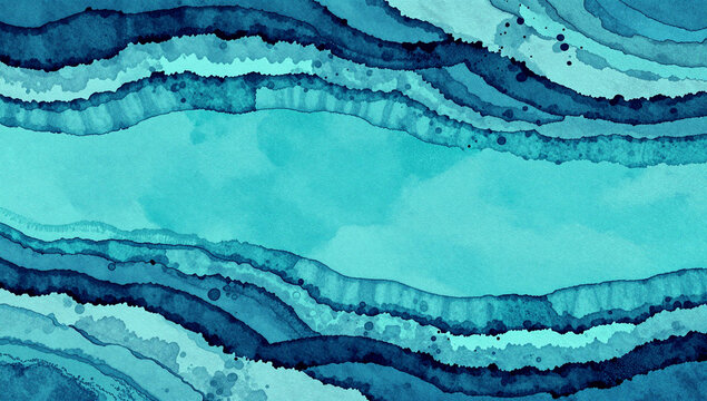 Abstract blue and turquoise wavy watercolor pattern.
