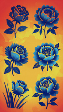 Vibrant blue roses on a warm orange background.
