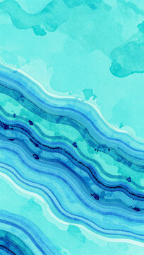 Abstract blue and turquoise watercolor wave pattern.