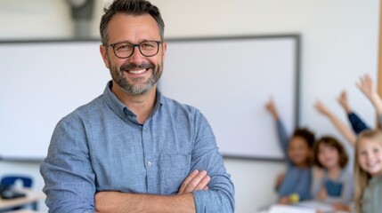 Fototapeta premium Male teacher with glasses smiling confidently in a classroom setting, students raising hands in the background, whiteboard and desks visible