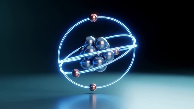 Slow motion footage of a futuristic atomic model with metallic nucleus spheres and neon glowing electron orbital rings rotating in a dark scientific studio setup.