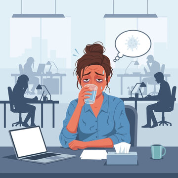 Tired Office Worker Feeling Unwell And Worried About Germs