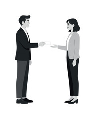 Fototapeta premium Two people exchanging a card or document in a minimal black and white interaction scene, people, exchange, card, document,