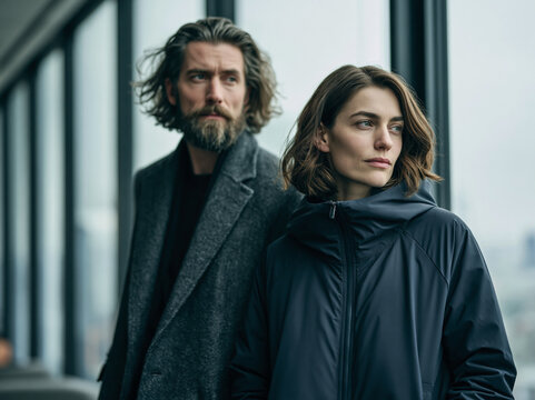 Business Colleagues Standing by Window Overlooking City