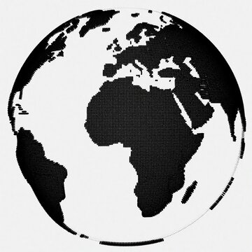 Abstract digital earth globe with black dotted texture on white background. Minimalist world map showing Africa, Europe using particle style. Futuristic halftone pattern design for global connection,