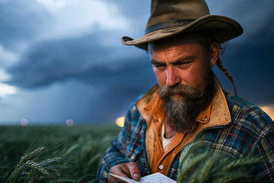Concerned Farmer Reading Document in Wheat Field Under Stormy Sky