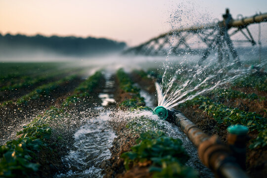 Irrigation System Watering Green Crops in Agricultural Field