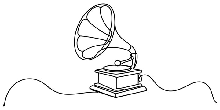 Continuous single line drawing of a vintage gramophone record player