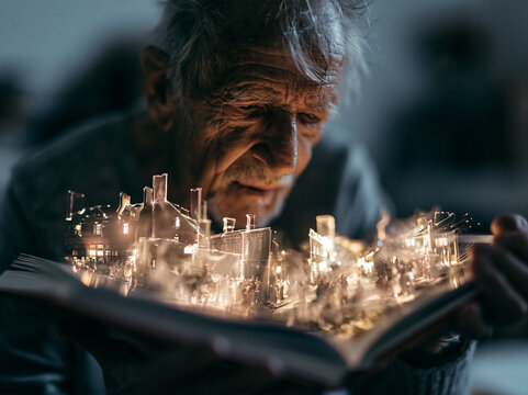 Elderly Man Looking at Glowing Magical City Inside Open Book