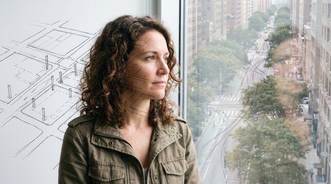 Female Architect Thinking and Looking Through Window with City Blueprint Overlay. Concept of double, portrait, urban, planner. Copy space.